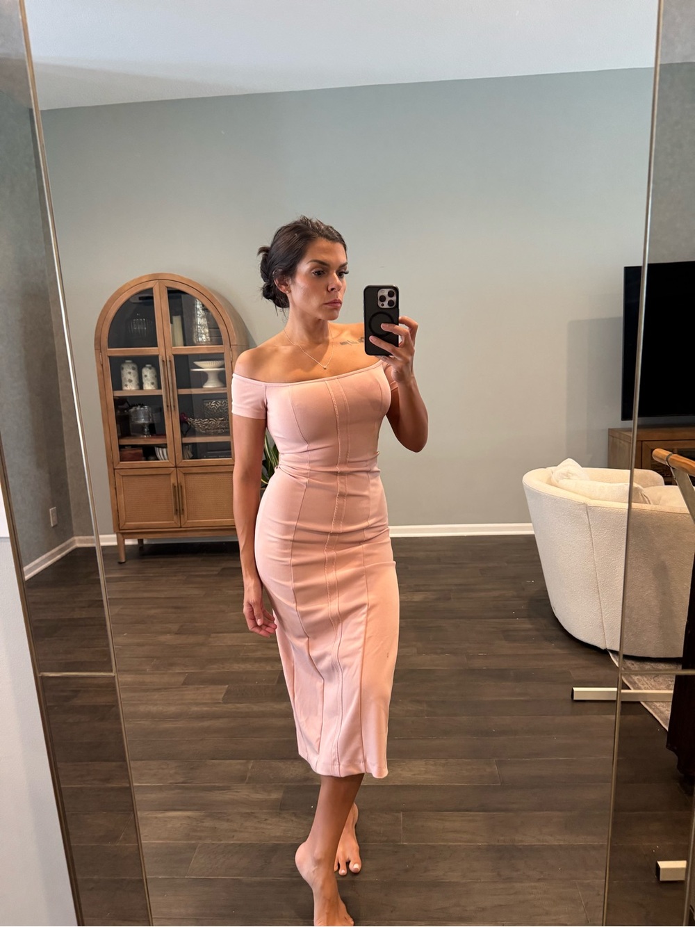 Zara Off-Shoulder Light Pink Midi Bodycon Dress